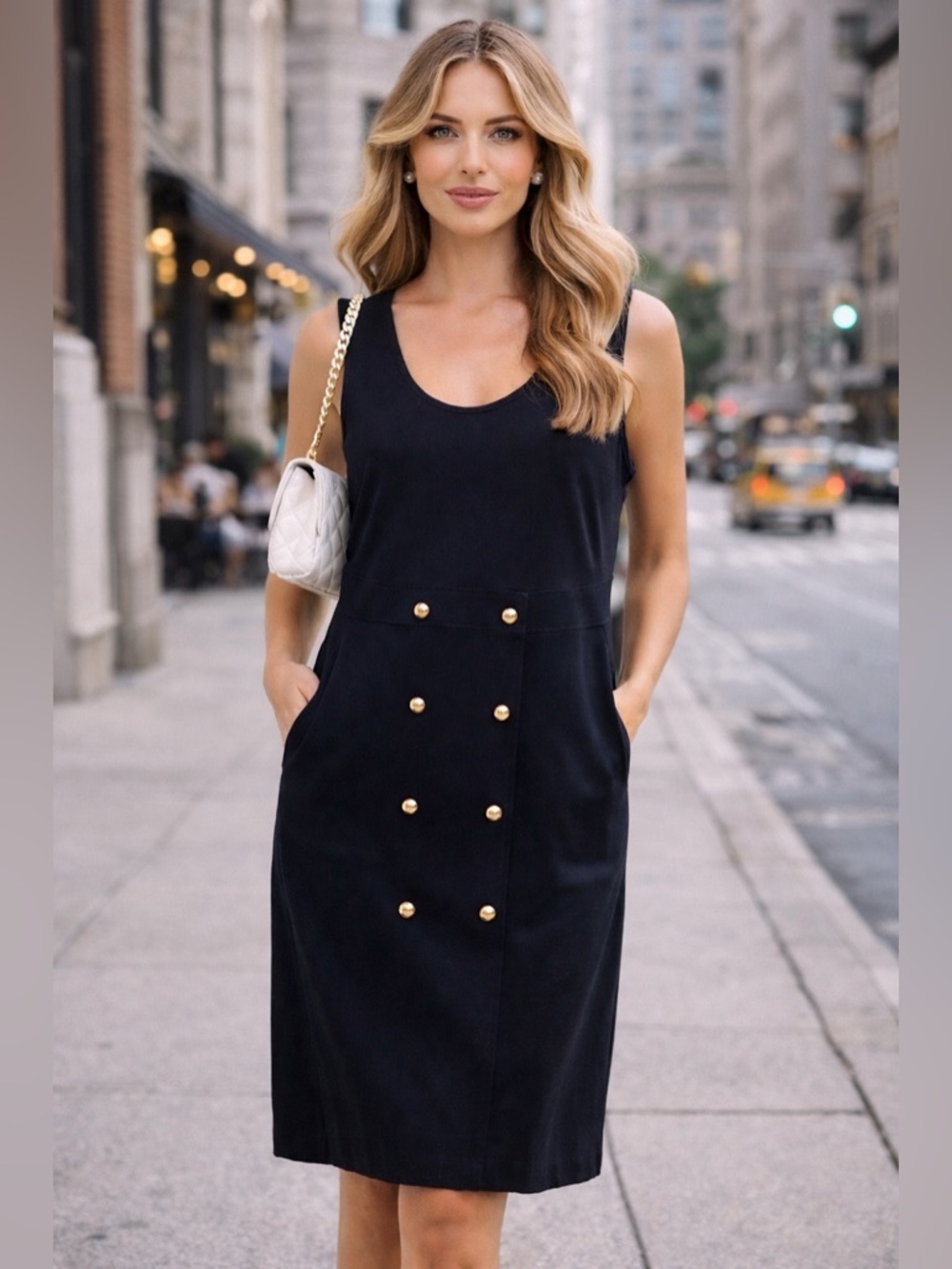 NWT Liz Claiborne Navy Nautical Dress Gold Button Sheath Sleeveless Size M